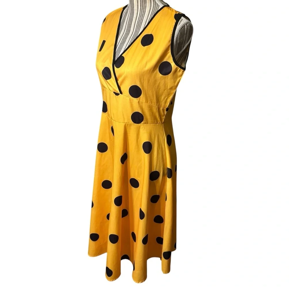 Yellow Polka Dot Dress Large Midi Sleeveless Faux Wrap Black Dots Cotton Poly - Picture 8 of 16